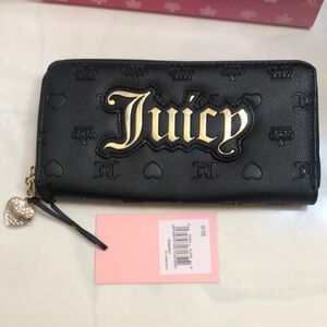 Juicy Couture Liquorice Faux Leather Liquid Gold Logo Large ZA Wallet NWT & Box